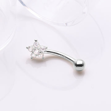 Detail View 1 of 14 Karat White Gold Prong Set Brilliant Flower Gem Sparkle Curved Barbell-Clear Gem